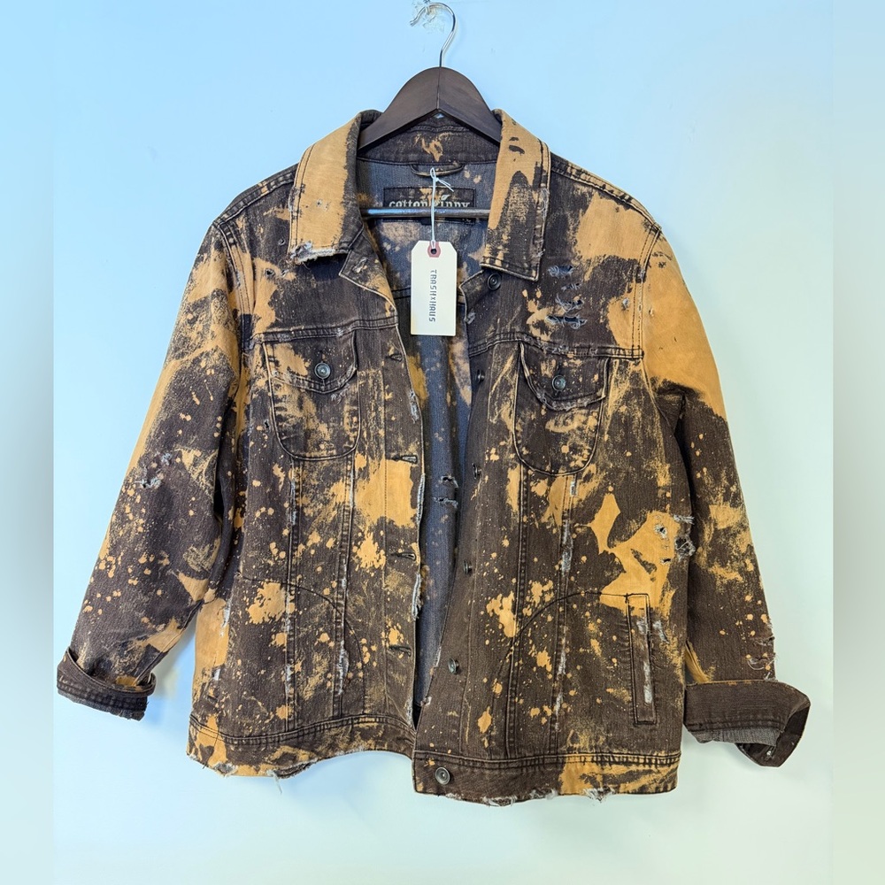Bleach-Splatter Oversized Denim Jacket - Black & Tan